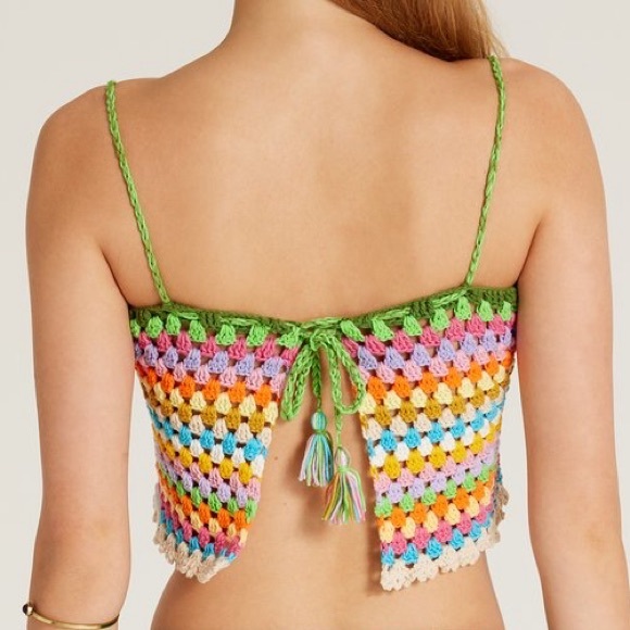 New Society Mano x Free People Colorful June M Green Crochet Handmade Crop Tank - Picture 4 of 14